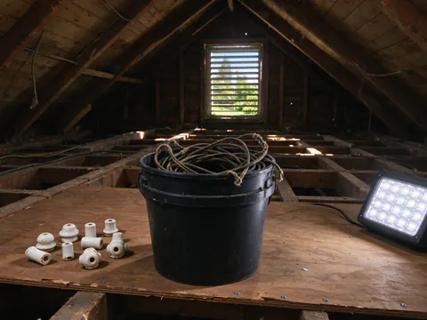 Old porcelain knobs and cut cloth-covered wires coiled on a drop cloth in a Los Angeles attic, a newer white cable stapled to the rafter above