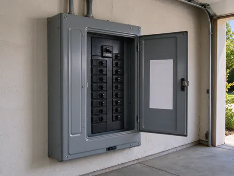 A new gray electrical panel with neatly labeled breakers mounted on the side wall of a Los Angeles bungalow, an older fuse box removed beside it