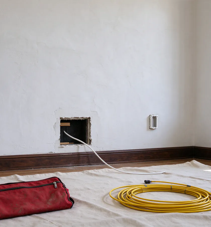 A small rectangular access opening in a white plaster wall of a Los Angeles Spanish Revival house, with new cable pulled through the wood lath
