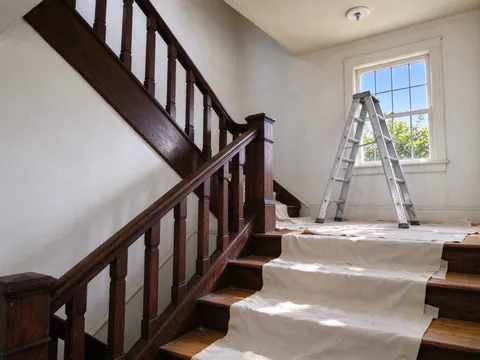 A partly rewired Los Angeles bungalow living room with protected wood floors, small plaster openings at outlet boxes and new white cable visible in one